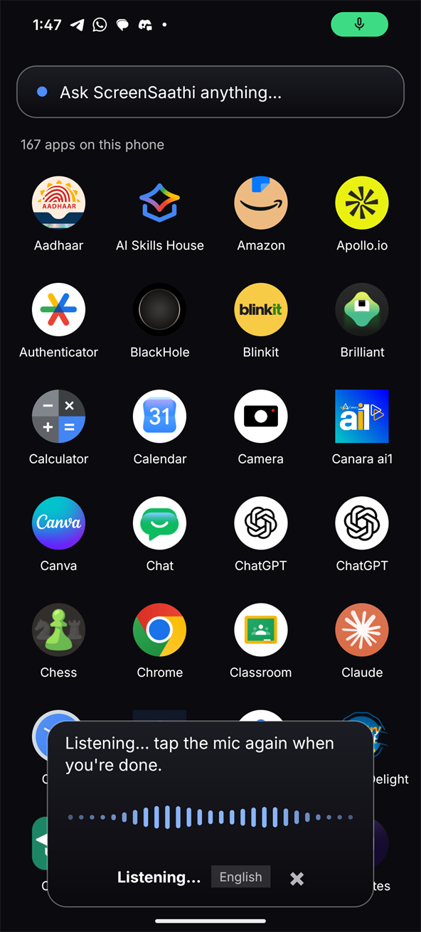 ScreenSaathi listening, with a live microphone waveform